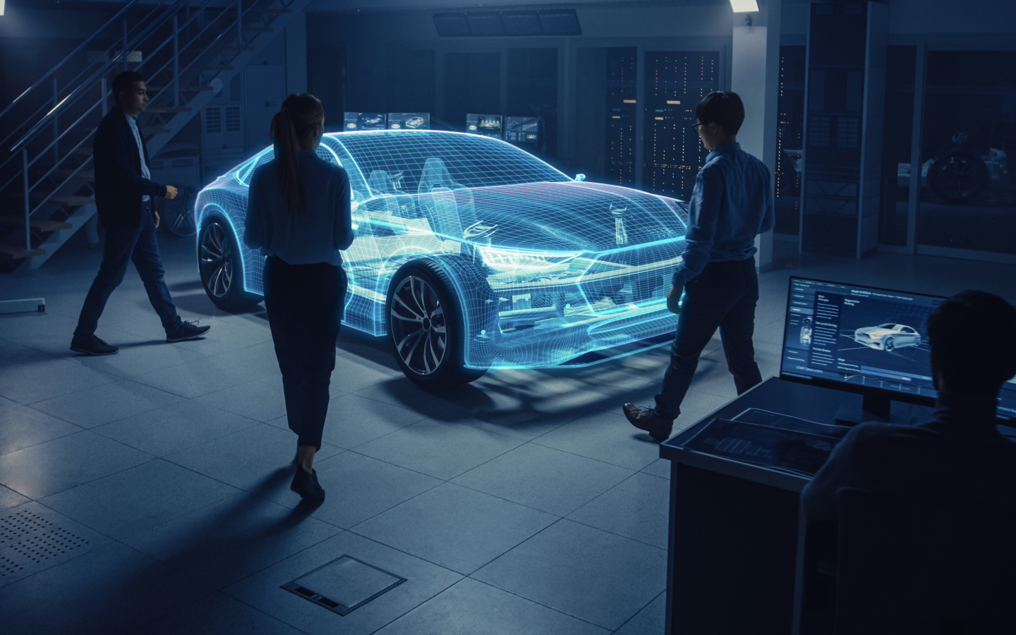 Holographic outline of a car in a dark workshop