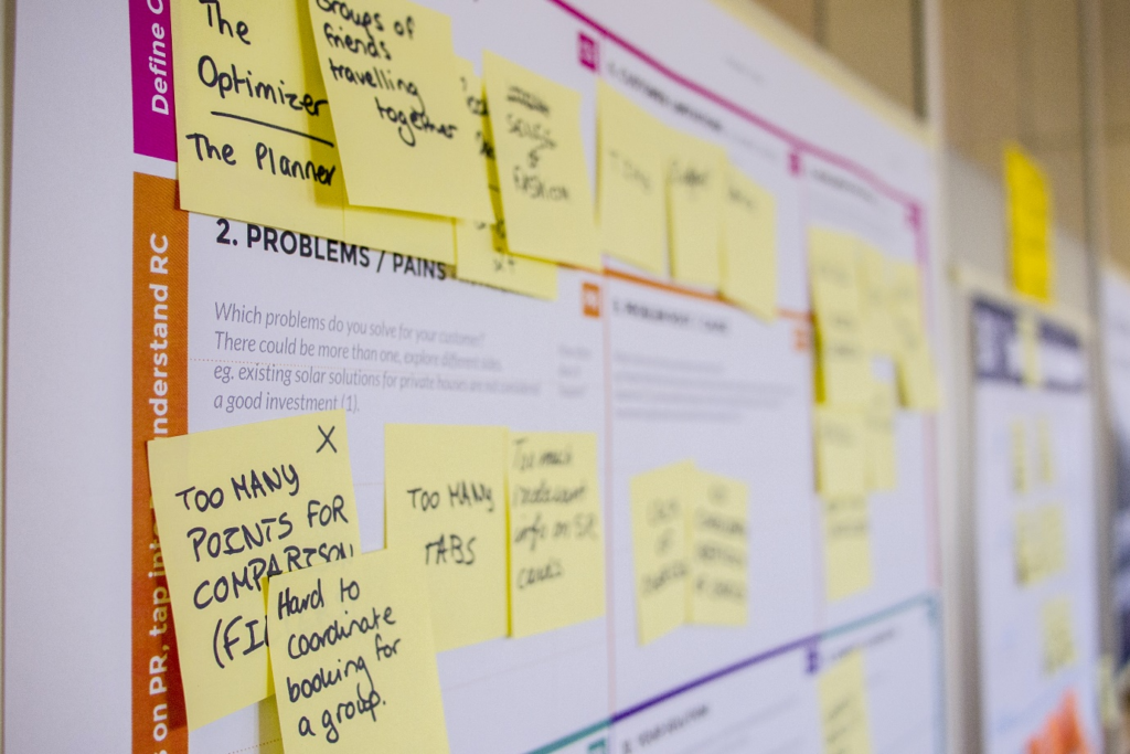 Wall covered with sticky notes listing problems and ideas