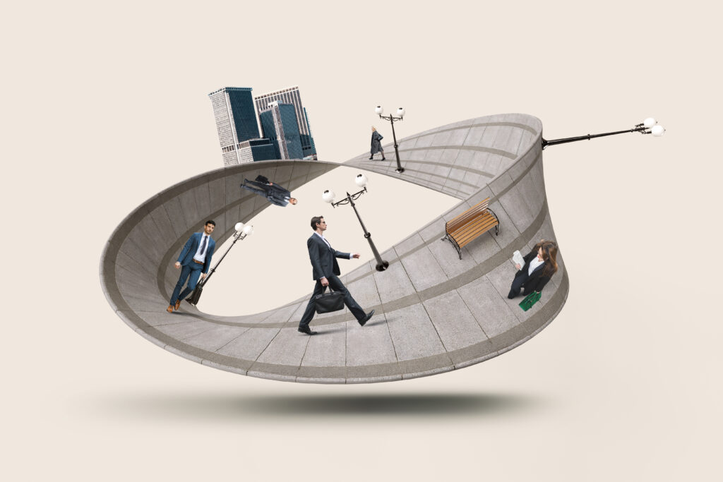 Illustration of people walking around a circular ramp