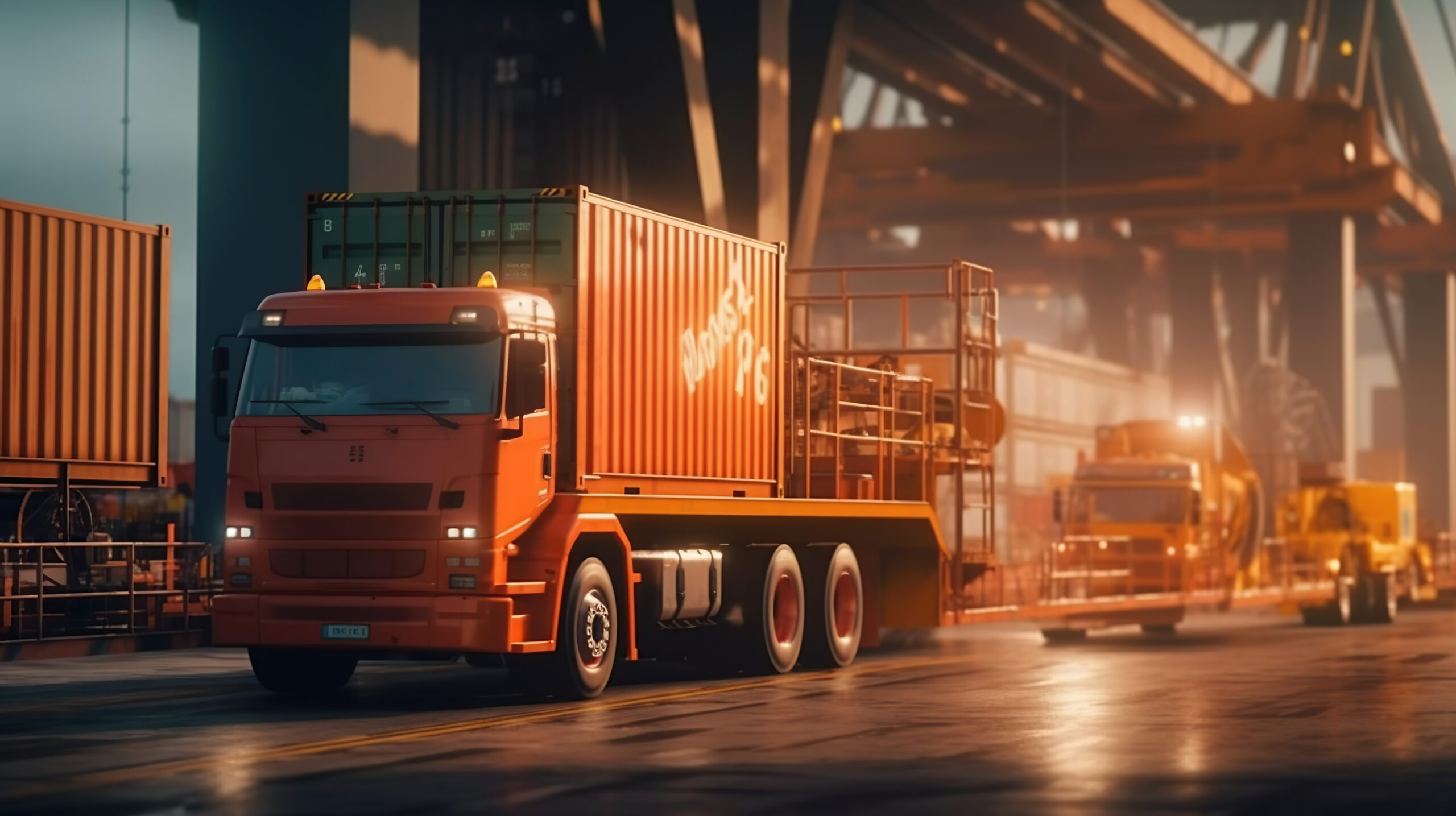 Container truck in a port at dusk