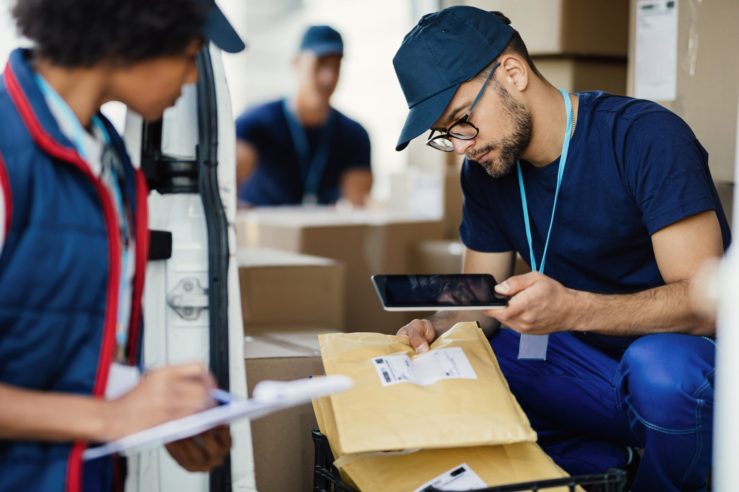 Delivery worker scanning a package barcode with a tablet