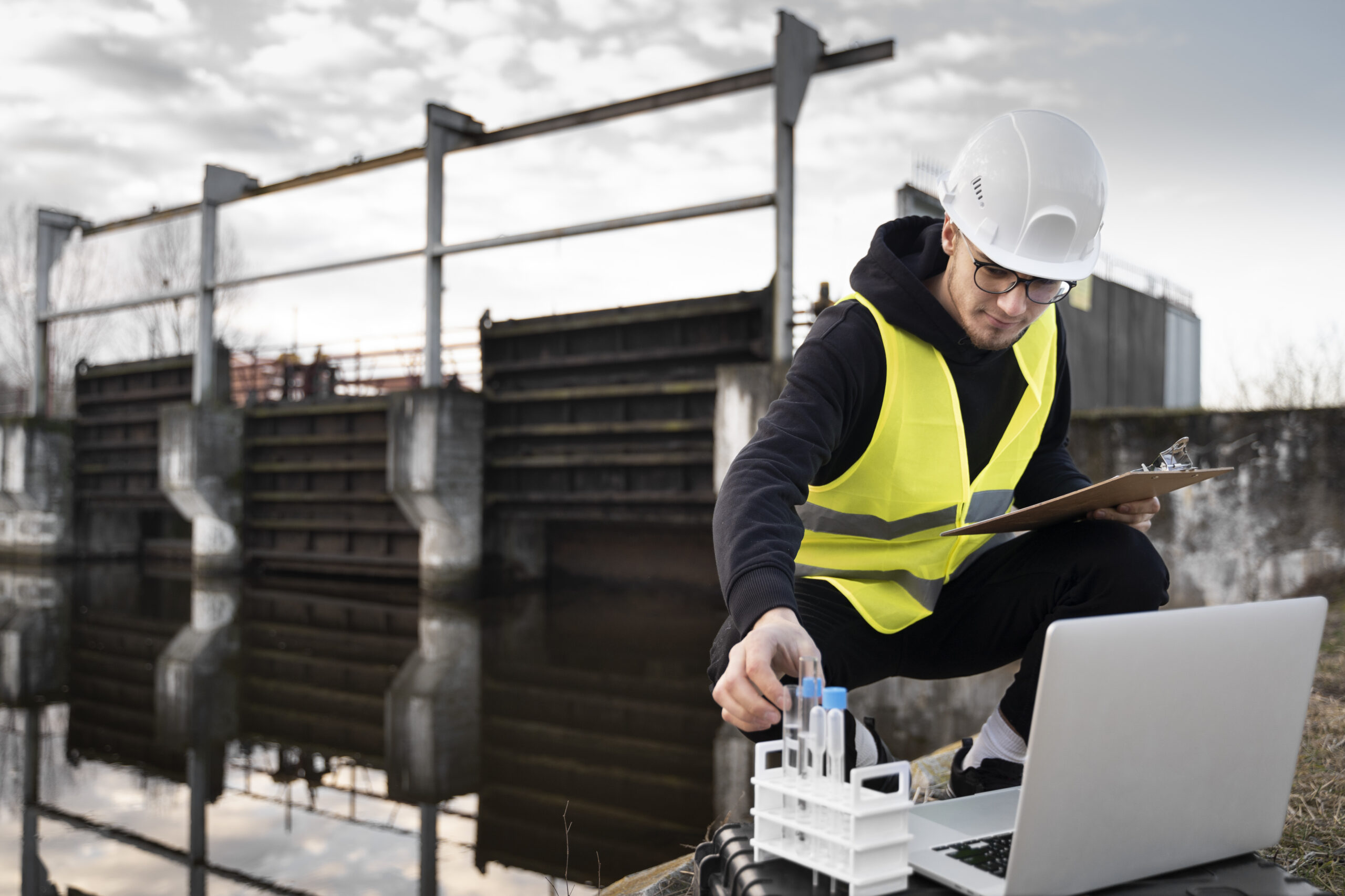 Engineer in a hard hat and safety vest using a laptop on site
