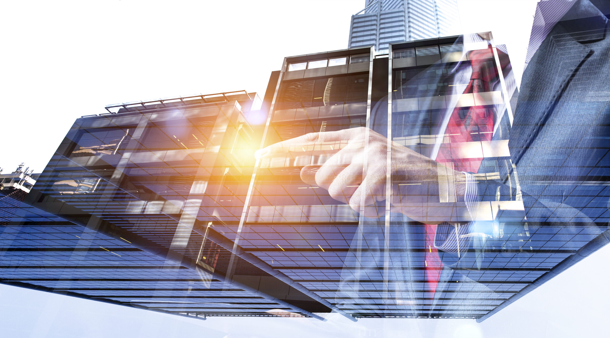 Hands over a city skyline and solar panels with digital overlays