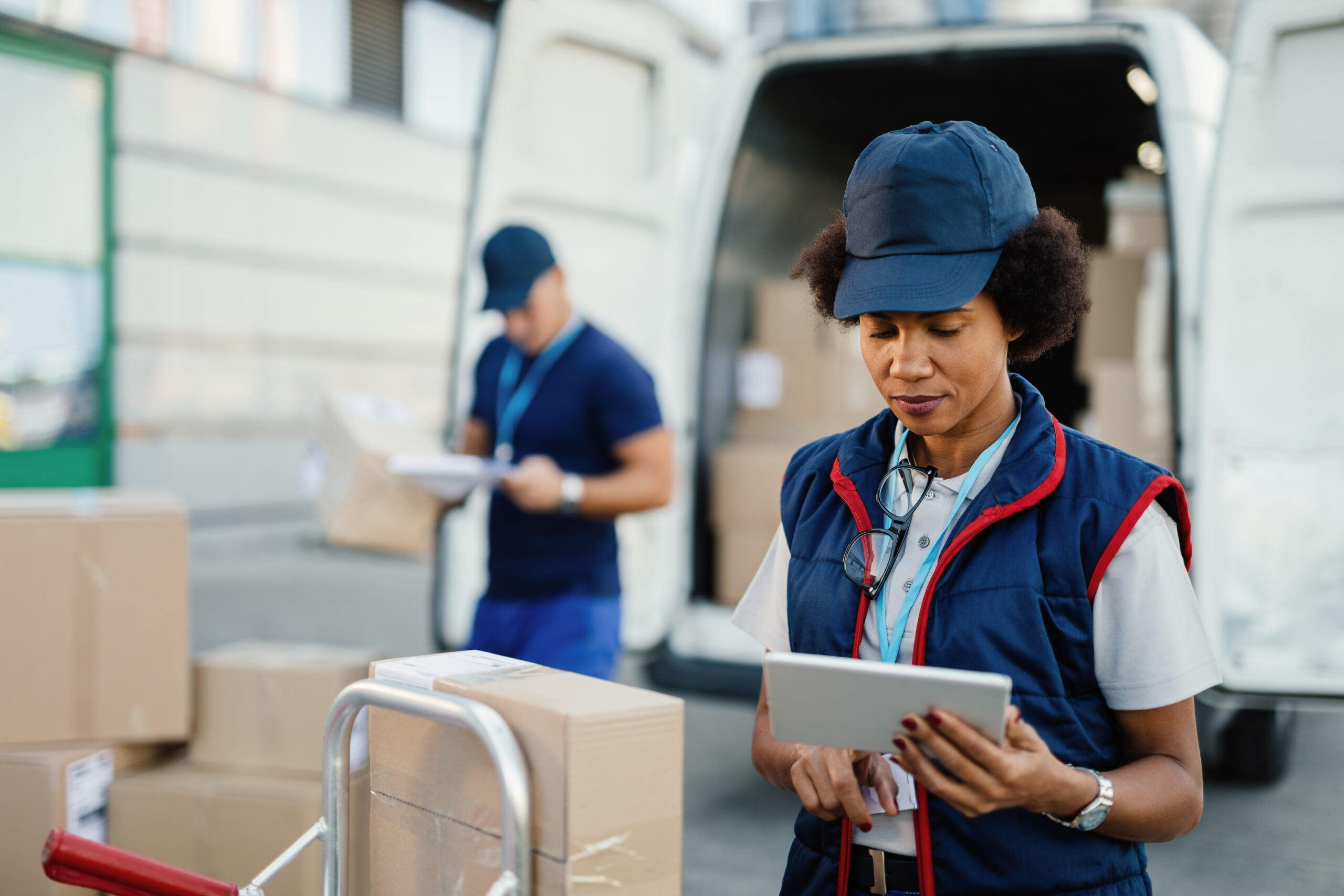 Delivery workers loading packages into a van