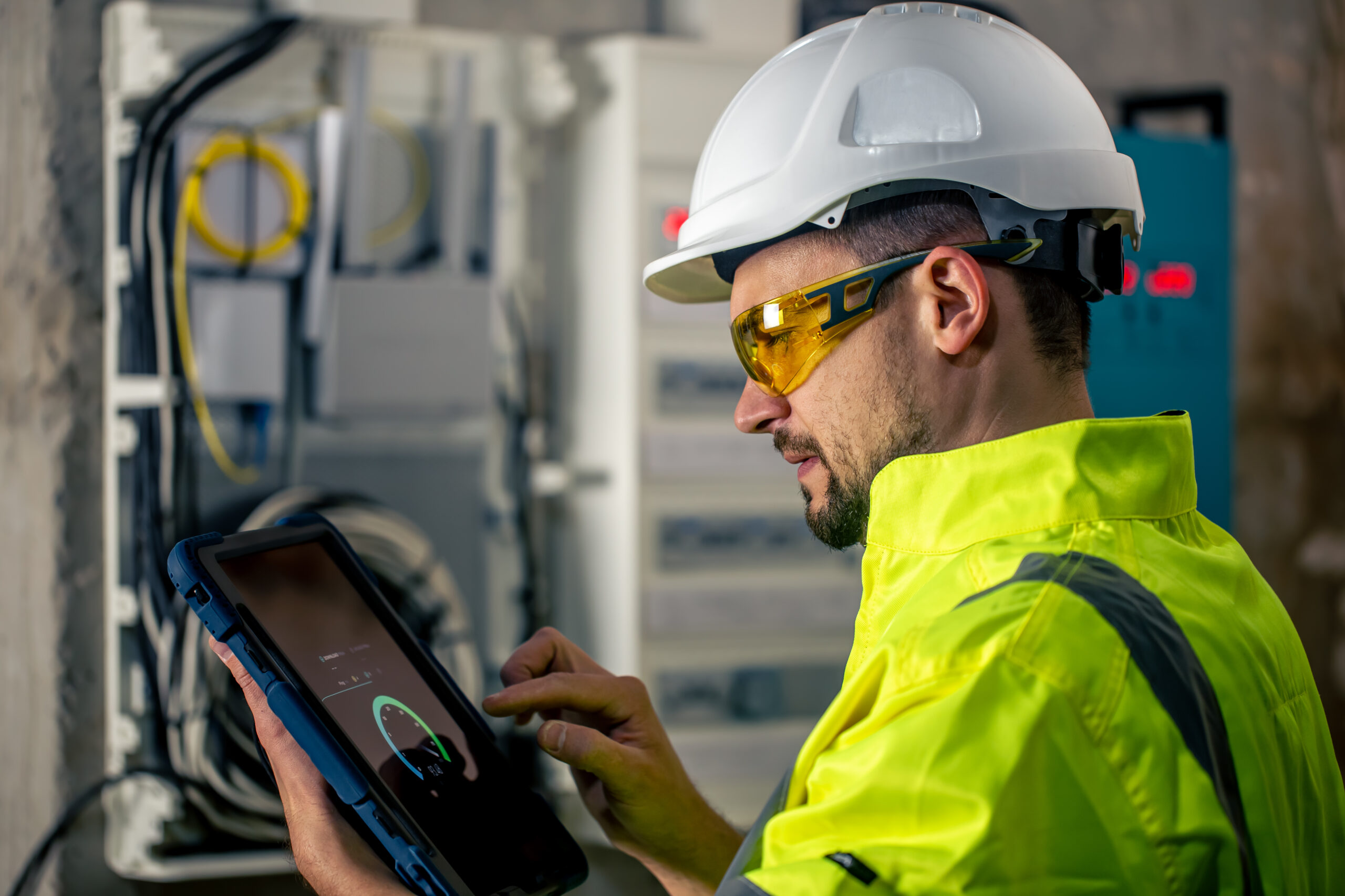 Electrical technician in a hard hat and safety glasses at a switchboard