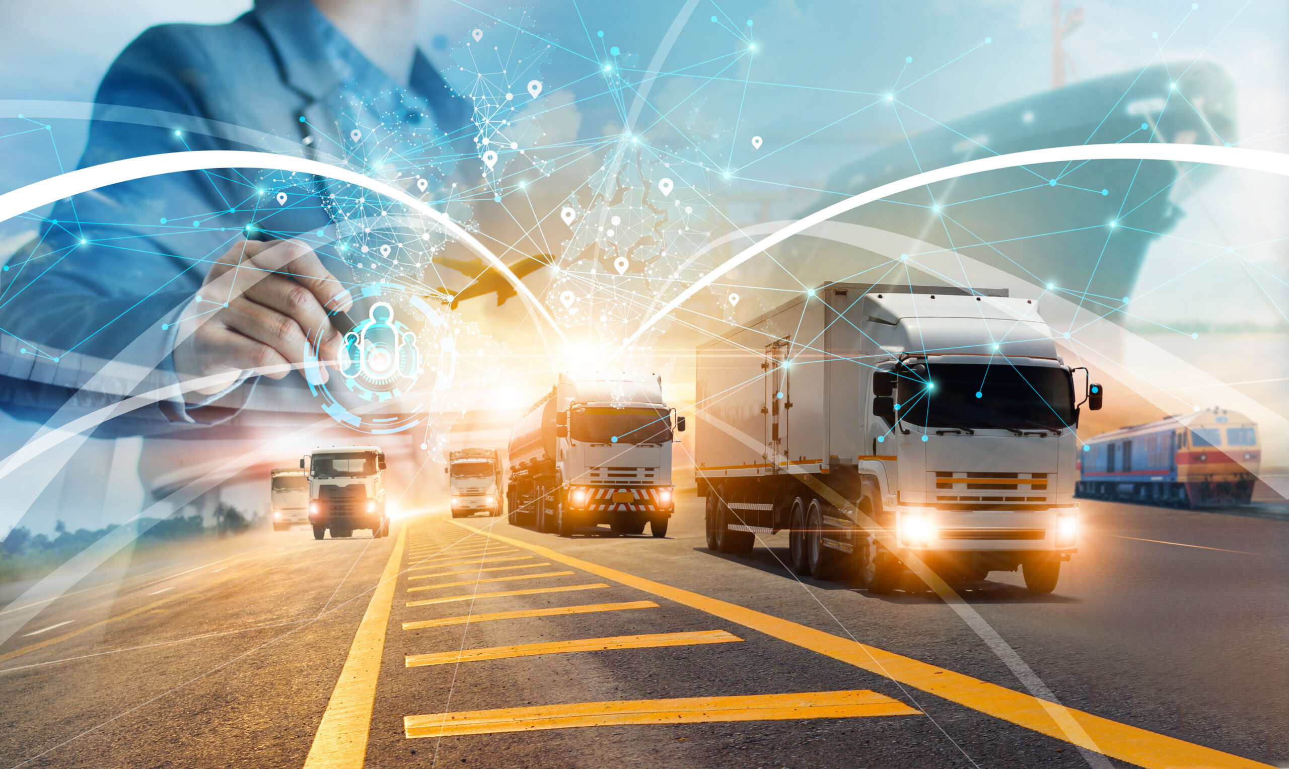 Trucks on a highway with a digital logistics overlay