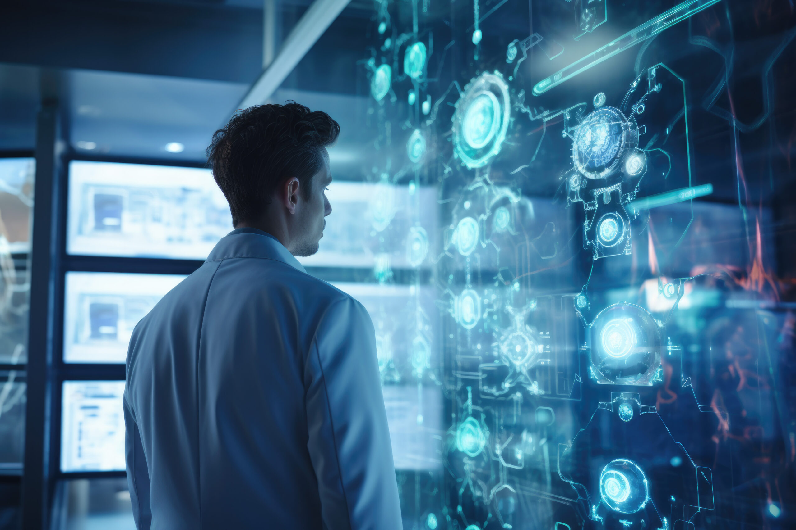 Man facing screens showing data visualizations
